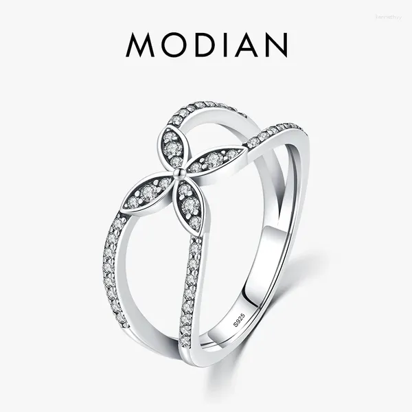 Ringos de cluster Modian 925 Sterling Silver Butterfly Paving Ring CZ para mulheres Plant Flower Fine Jewelry Wedding Anniversary Presente