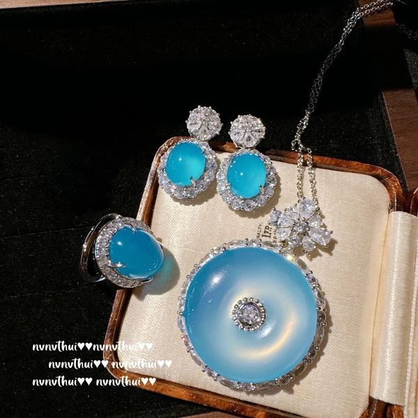 Conjuntos de jóias de jade azul delicado para mulheres luxo 14k branco banhado a ouro vintage 3pcs anel brinco colar presente de festa de noiva 240119