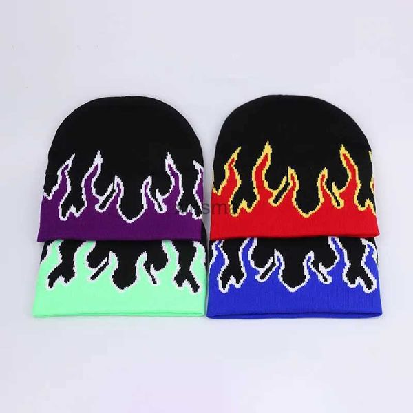 Beanie/Kafatası Kapakları Yeni Hip Hop Sokağı Alev Şapka Moda Dans Kafatası Ateş Cehennem Yanık Alevleri Sıcak Trend Hip Hop Örme Yumuşak Giyim Beanie Hat YQ240207