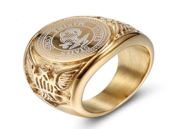 Anel masculino de aço inoxidável 316l, anel de ouro do corpo de fuzileiros navais dos estados unidos, clássico, aço de titânio, soldado, crachá, anel de águia, moda 7573489
