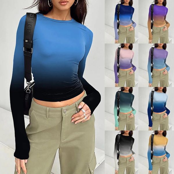 Mulheres Camisetas Mulheres Manga Longa Básica Crop Tops Outono Moda Camadas Treino Slim Fitted