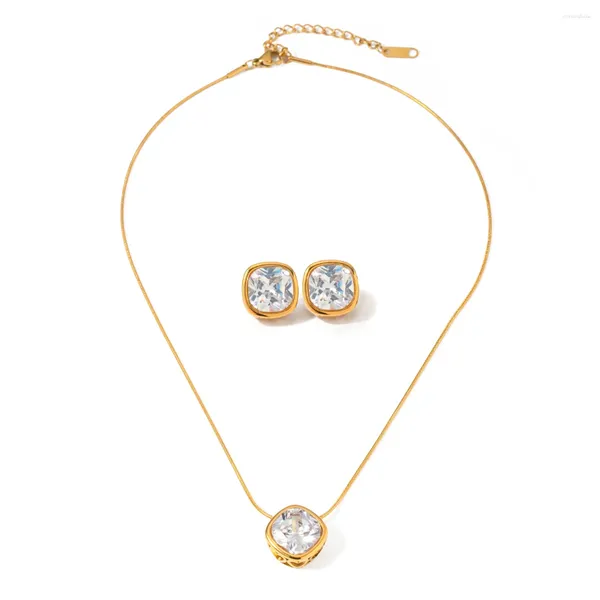 Collana e orecchini Set Youthway Lucido Cubic Zirconia Quadrato Cavo in acciaio inossidabile Ciondolo Gioielli da donna dal design unico