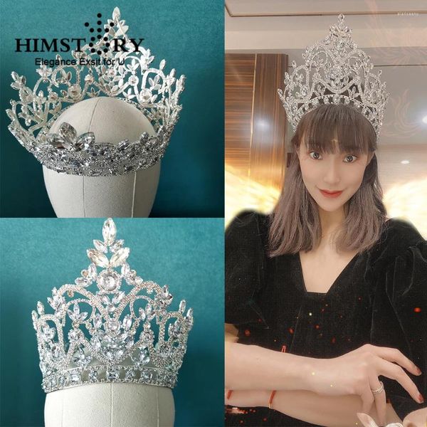 Grampos de cabelo Himstory Europeu Grande Noiva Casamento Coroa Cubic Zircon Cristal Grande Rodada Rainha Partido Stage Show Acessórios