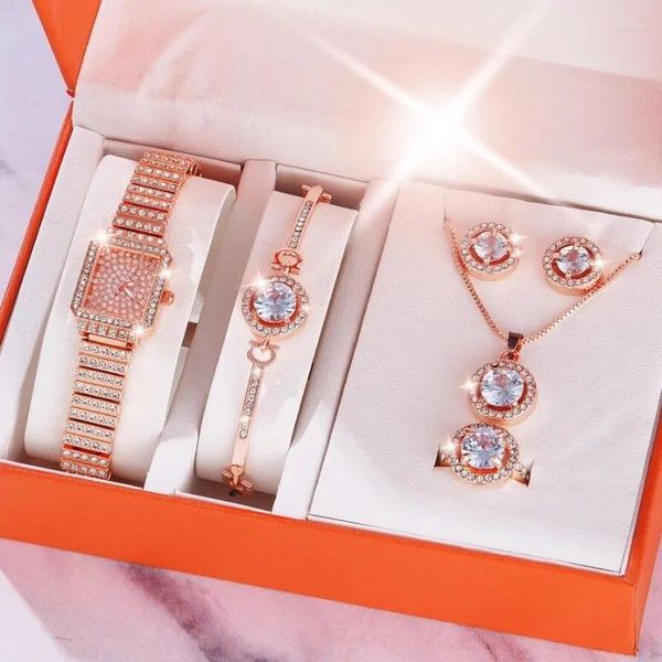 Relógios de pulso 5 pcs relógios de luxo conjunto de jóias mulheres rhineston relógio de quartzo relógio de pulso colar brincos anel para menina senhoras presente