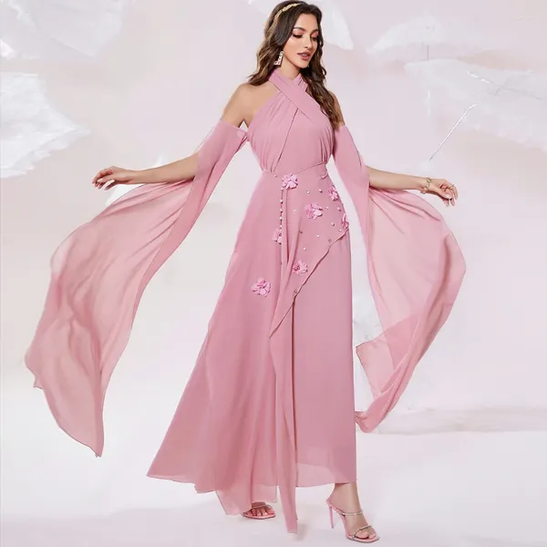 Abbigliamento etnico Abiti da festa alla moda Fiore Perla Manica lunga a mantella Maxi Abito da sera Halter Musulmano Dubai Abaya Donna Jalabiya islamica