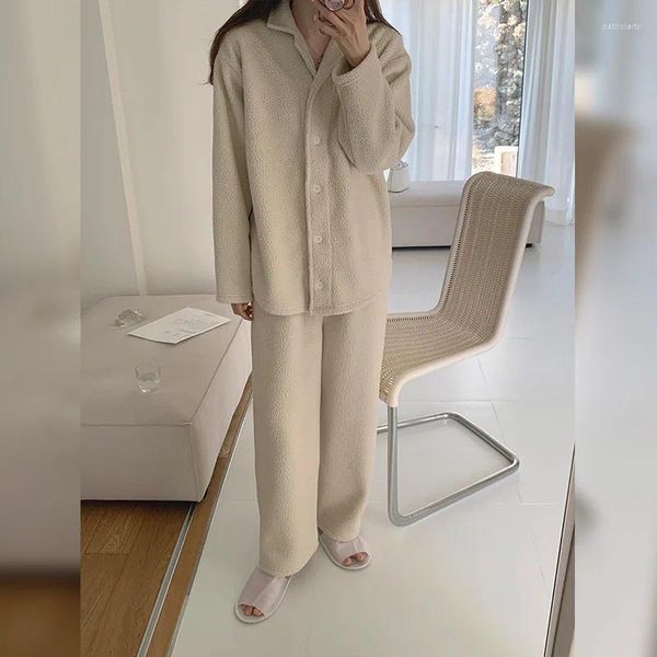 Pigiama da notte da donna Set Harajuku Autunno e inverno Set di abbigliamento per la casa in lana di agnello Cardigan Abito a maniche lunghe caldo e spesso