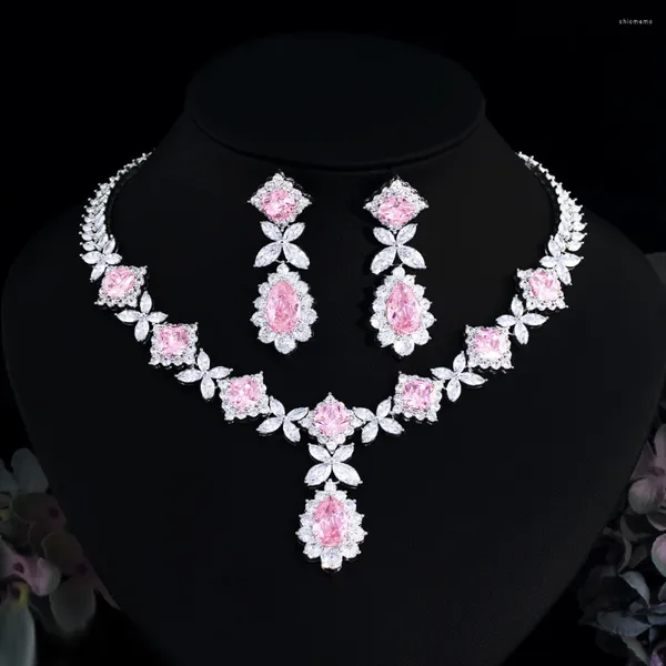 Halskette Ohrringe Set Luxus Big Pink CZ Kubikzircon Damen Hochzeit Kostümschmuck 2 Stück African Dubai Brautparty LYT0312