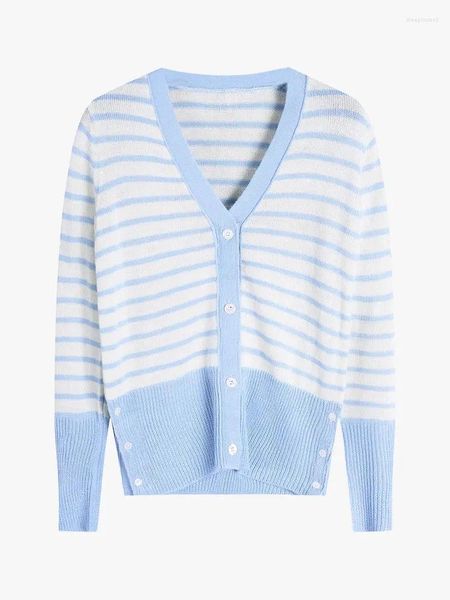 Cardigan de malha feminino listrado azul e branco com decote em v macio confortável moda casual jaqueta suéter