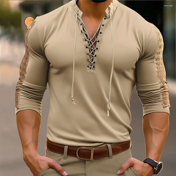 Homens camisetas Mens Manga Longa Lace Up Pulôver Camisa Casual V Neck Muscle Tops Blusa Adulto Homens Medieval Chemise