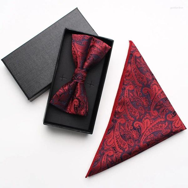 Arco laços vinho vermelho paisley cintura fruta flor lenço quadrado gravata caixa de presente duas peças conjunto para moda de negócios masculino