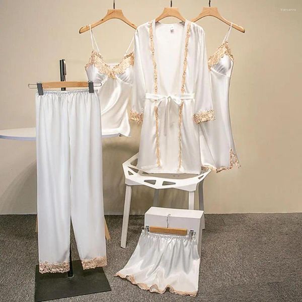 Conjuntos ativos branco 5 pçs conjunto de sono pijamas senhora renda cetim pijamas quimono vestido de banho solto pijamas casa coagulação com decote em v roupa de noite casual