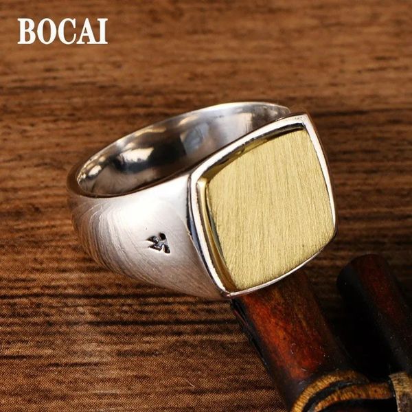 BOCAI REAL S925 Jóias de prata Gold Gold Trendência suave Face quadrada simples para homem e mulher Ring Requinte 240119