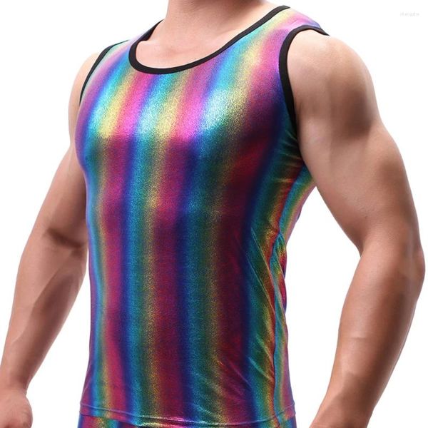 Regatas masculinas com listras de arco-íris, camisetas de couro falso sem mangas, colete de academia, roupa íntima masculina diária