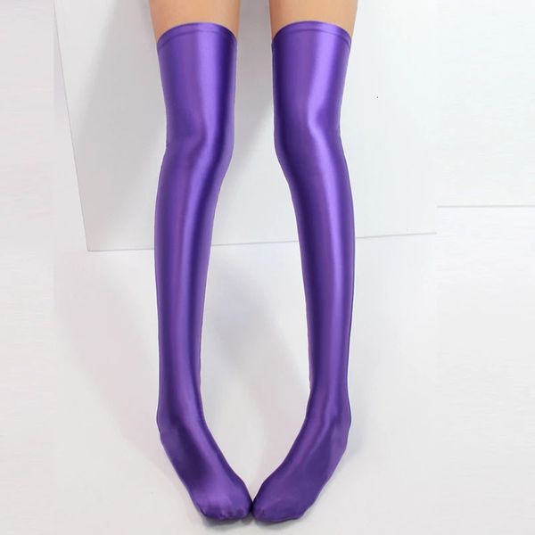 Seksi Diz Çoraplar Japon uyluk yüksek çorapları katı yağ parlak pürüzsüz elastik mor çorap kadın diz yüksek çorap 240124