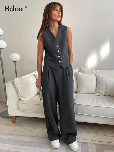 Pantaloni a due pezzi da donna Bclout Set eleganti solidi da donna 2 pezzi Moda grigio scollo a V Office Lady Slim Tops Autunno Marrone Pieghettato Abiti lunghi