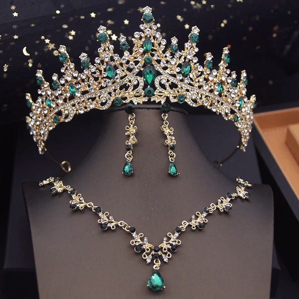 Set di gioielli da sposa con corona verde per donna, collana girocollo con diademi, abito da sposa, accessori da sposa 240202