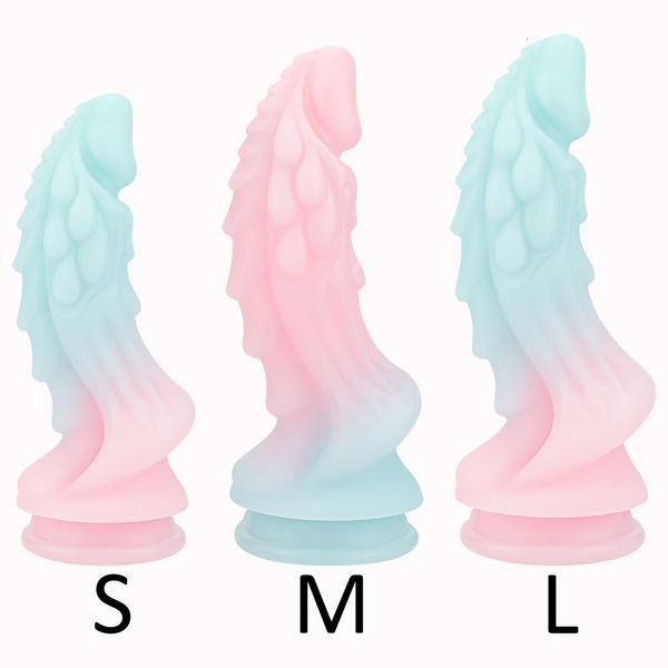 Carino morbido e luminoso dildo in silicone enorme anale butt plug drago vaginale masturbazione ventosa giocattoli adulti del sesso per uomo donna coppia 240226