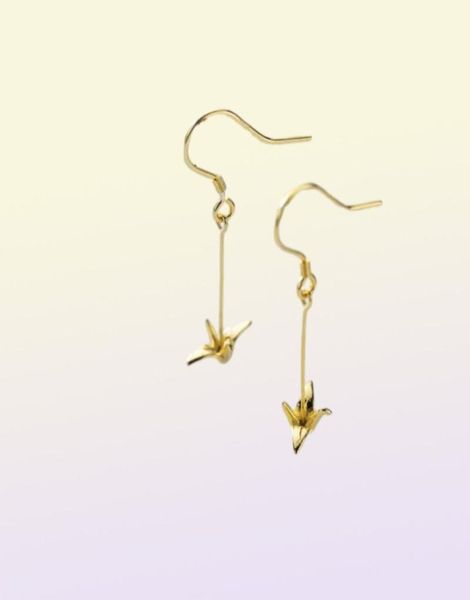 Moidan Fashion 925 Sterling Silver Cute Paper Crane Orecchini pendenti a catena lunga per le donne Ragazza Orecchini color oro Gioielleria raffinata 210615709099