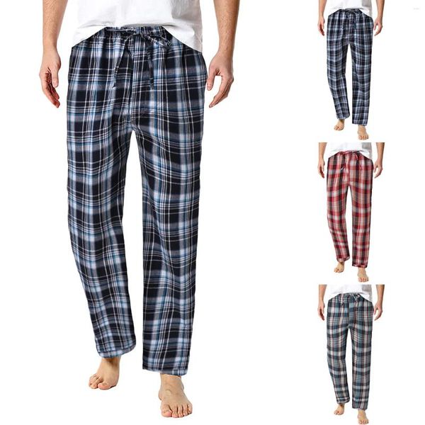 Calças masculinas moda mens xadrez pijama solto calças casuais roupas cordão elástico cintura sleep bottoms pantalones 2024