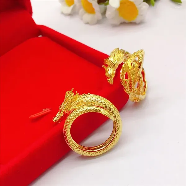 Anelli a grappolo Squisito Phoenix Dragon Anello in oro 18 carati per donna Uomo Fidanzamento di nozze Gioielleria raffinata 999 Regali per gli amanti dei colori