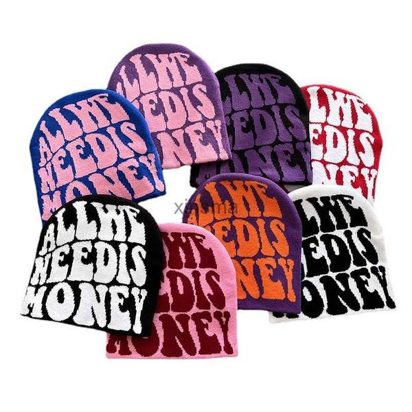 Gorro/bonés de caveira TUDO O QUE PRECISAMOS É DINHEIRO Gorro Carta Jacquard Hip Hop Chapéu de malha unissex Y2K Boné de caveira Gorros elásticos quentes para mulheres homens YQ240207