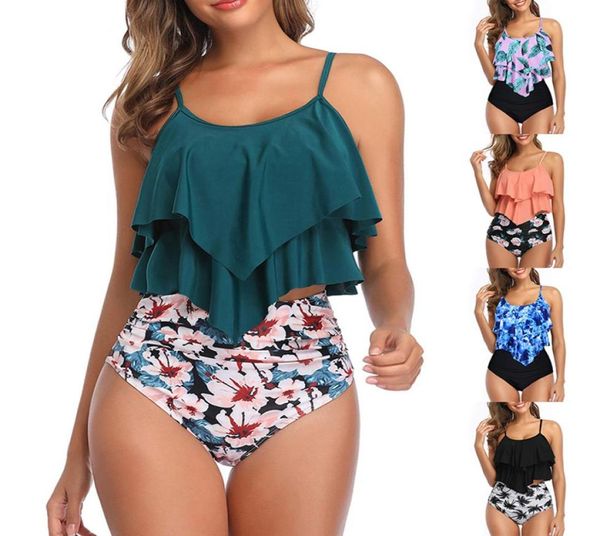 Costume da bagno Sfit da donna Top a due pezzi con doppia balza con fondo arricciato a vita alta Tankini Set costume da bagno costume da bagno taglie forti C9042194