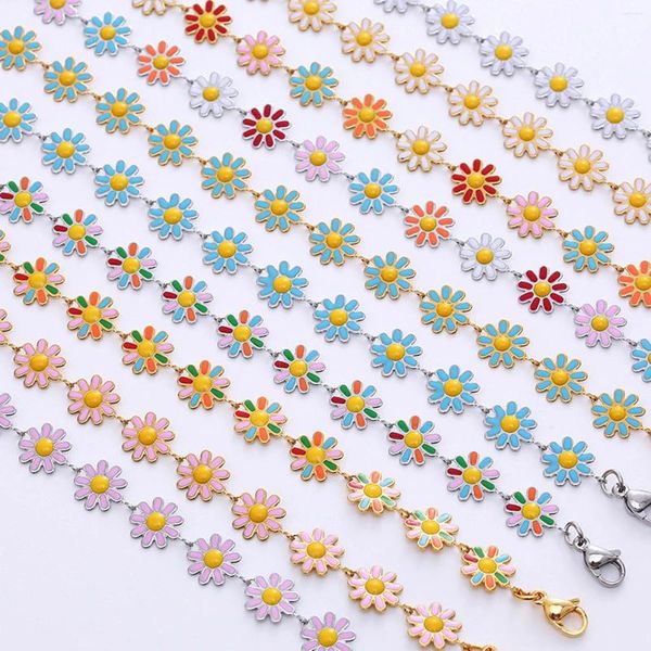 Link Pulseiras 1 PC Multicolor Sun Flower Esmalte Correntes 304 Encantos de Aço Inoxidável Para Mulheres Festa Moda Jóias 18 cm de Comprimento