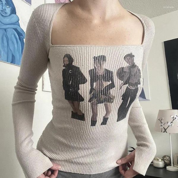 Damen-Kapuzenpullover, Vintage-Portrait-Druck, quadratischer Kragen, Langarm-T-Shirt, weibliches Gewürz-Pullover, schlankmachender Boden, Grubenstreifen, kurzes Oberteil, Herbst