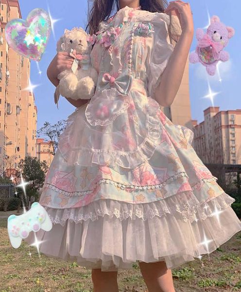 Tea Party Kitten039s Doce Impresso Lolita Salopette Vestido por Alice Girl Vestidos Casuais Z03036610726