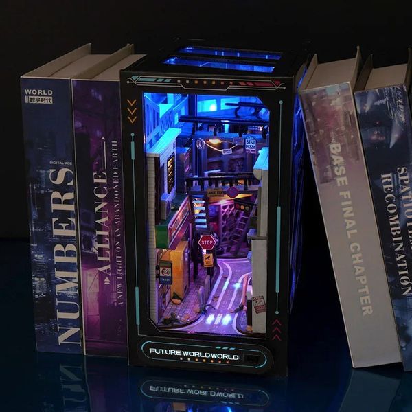 Fai da te Libro Nook Cyberpunk Future World Casa delle bambole fatta a mano Giocattoli Illuminazione Rgb Puzzle 3D Kit di costruzione in miniatura Regalo Decorazione della casa 240122