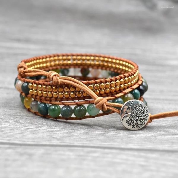 Charm-Armbänder für Damen, böhmisches Leder und Natursteinstränge, gewebt, handgefertigt, Boho-Baum des Lebens