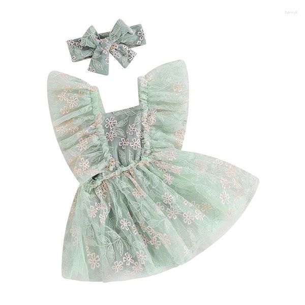 Abiti da ragazza Neonate Pagliaccetti da principessa Abito da neonato Elegante ricamo floreale Volant Tute con maniche Fascia in tulle per abiti nati