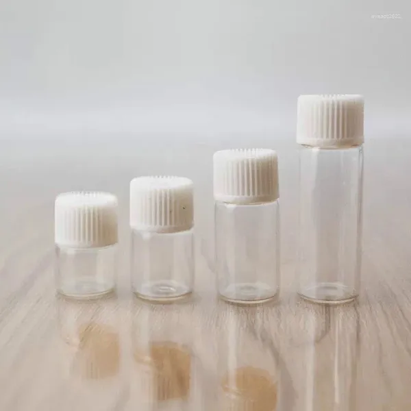 Flaschen 20PCS 1 ml 2 ml 3 ml 4 ml 5 ml Transparente Mini-Glas-Reagenzien für ätherische Öle Nachfüllbare Probenflaschenfläschchen Gläser mit weißer Kappe