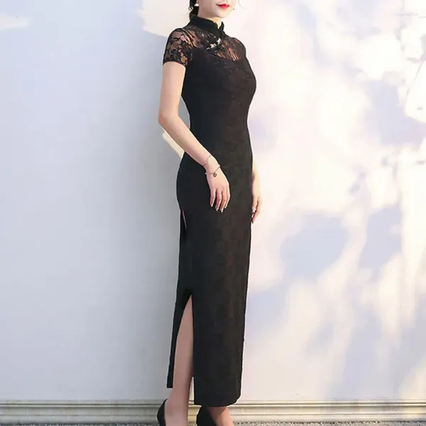 Ethnische Kleidung Kurzarm Spitze Cheongsam Elegantes Vintage Chinesisches Maxikleid mit Stehkragen Seitenschlitz Damen Klassisch für