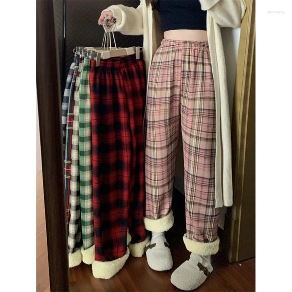 Pantaloni da donna Donna Winter Fleece Vintage Plaid Baggy Collezione 2024 Pantaloni caldi in lana d'agnello Abbigliamento