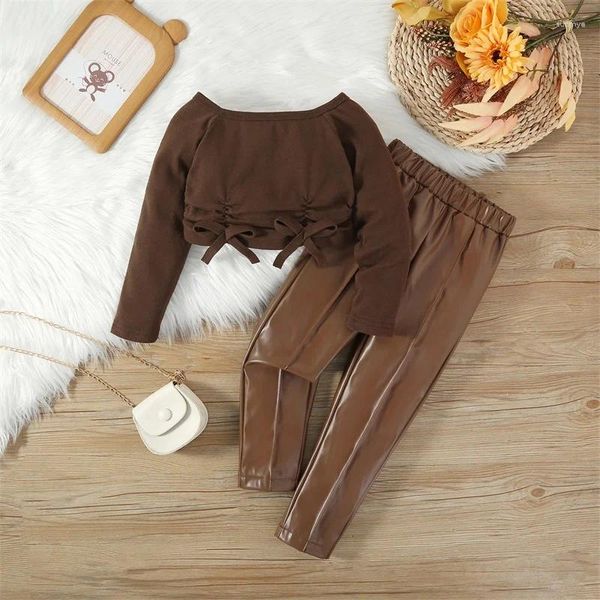 Conjuntos de roupas Listenwind 2-7Y 2 PCS Kid Girls Fall Caramelo Outfits Manga Longa Bow Front Crop Tops PU Calças de Couro Conjunto