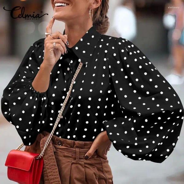 Blusas femininas oversized moda outono festa polka dot manga longa lanterna lapela camisa celmia elegante topos escritório solto blusas