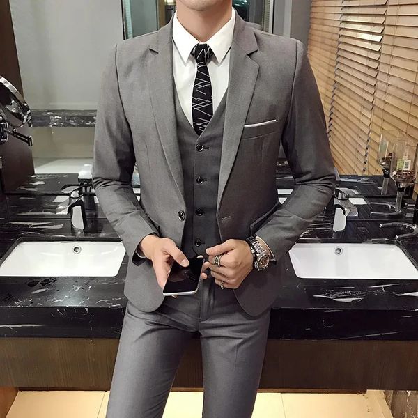 Jaqueta colete calças dos homens casual negócios formal fino cor sólida terno 3 pçs 2 pçs highend noivo vestido de casamento blazer calças 240125