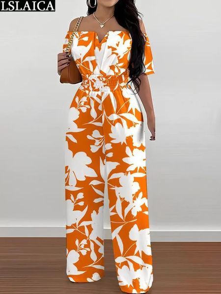 Macacão estampado elegante, cintura elástica, para mulheres, verão, ombro de fora, reto, roupas femininas, tendência 240130