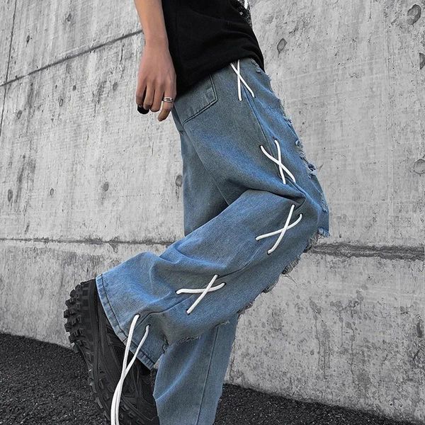 Jeans masculinos vibe estilo destruído corda lateral calças trançadas moda alta rua rasgado hip hop denim calças soltas casuais