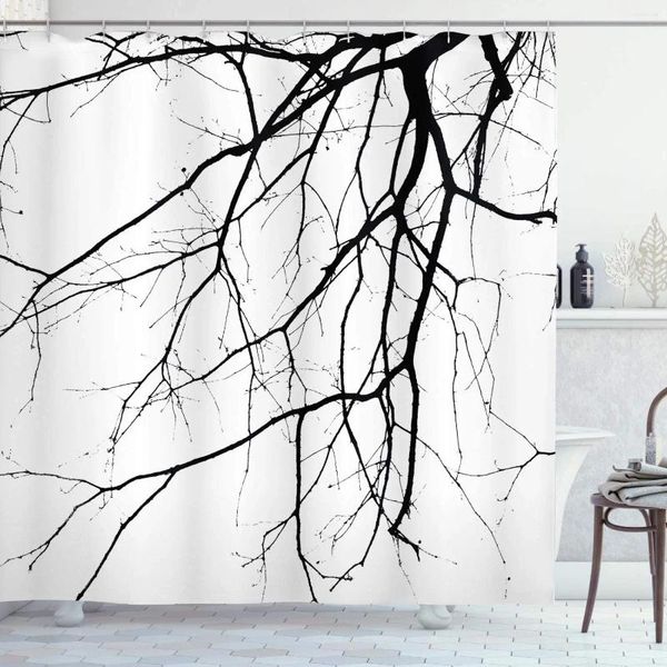 Tende da doccia Tenda in bianco e nero Macro Rami di alberi invernali senza foglie Idilliaco ramoscelli di quercia Natura Stampa Tessuto di stoffa Ba