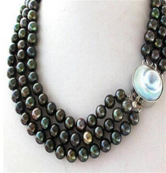 Collana di perle rotonde di pavone nero a 3 fili Chiusura con perle Mabe Blister28714450507