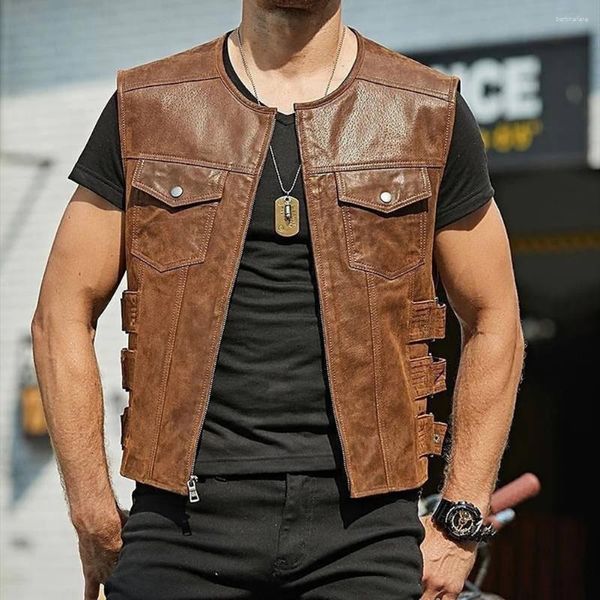 Coletes masculinos motocicleta motociclista colete de couro falso jaqueta colete cor sólida zip up tops roupas masculinas streetwear