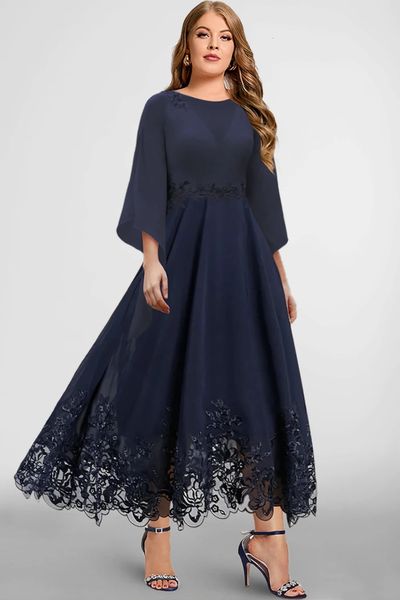 Abito da donna Taglie forti Semi formale Blu navy Elegante Casual Pieghettato Aline Chiffon Cuciture in pizzo Abito lungo tunica a 34 maniche 240124