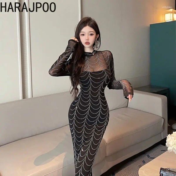 Partykleider Harajpoo Europäischer amerikanischer Stil Perspektive Mesh Diamant Sexy Kleid Hohe Taille Slim Fit Lange bodenlange Dame Vestidos