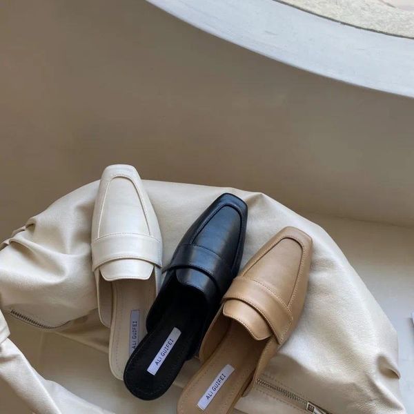 Hausschuhe Weibliche Schuhe Abdeckung Kappe Damen Niedrigen PU Luxus Rutschen 2024 Designer Mode Grundlegende Gummi Rom Stoff Hoof Heels Sh