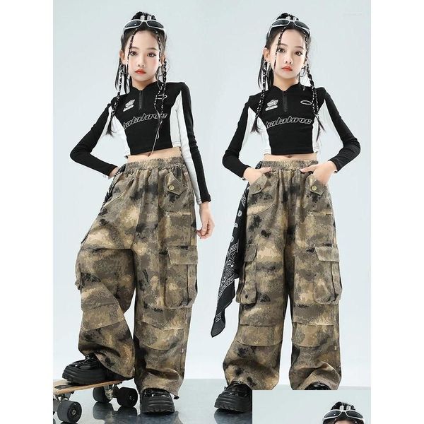 Bühnenkleidung 2024 Kinder Kleidung Schwarz Crop Tops Camouflage Hosenanzug für Mädchen Jazz Dance Performance Kostüme Hip Hop Streetwear Drop Otaji