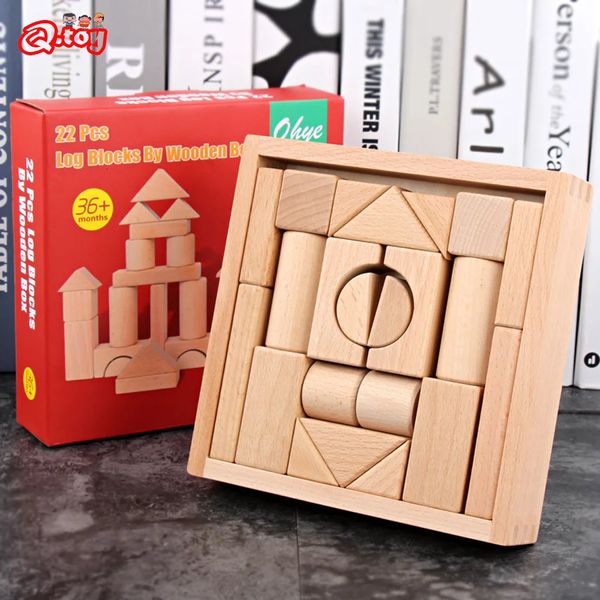 22 stücke Bausteine Buche Holz Log Stacking Blocks mit Box Montessori Spielzeug für Kinder Lernen Bildung Baby Spielzeug 240124