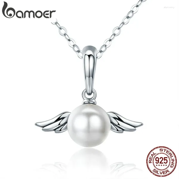 Anhänger BAMOER Valentinstag 925 Sterling Silber Niedliche Engel Feder Flügel Anhänger Halskette Für Mama Kette Schmuck Geschenk