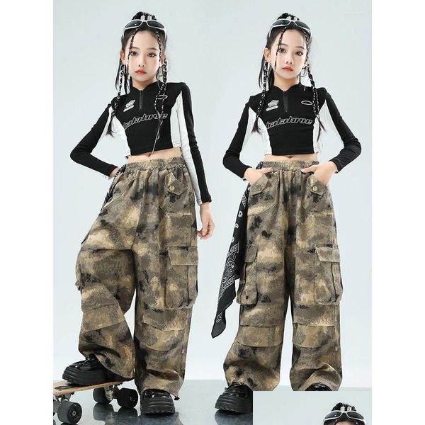 Bühnenkleidung 2024 Kinder Kleidung Schwarz Crop Tops Camouflage Hosenanzug für Mädchen Jazz Dance Performance Kostüme Hip Hop Streetwear Drop Otoaz